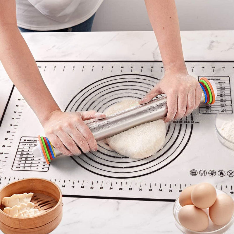 Adjustable Rolling Pin with Thickness Rings for Baking, Stainless Steel Designs Dough Roller Pins with Silicone Pastry Nonstick Mat for Cooicke Decorating Supplies, Fondant, Cake, Bread or Baker Gifts - NewNest Australia