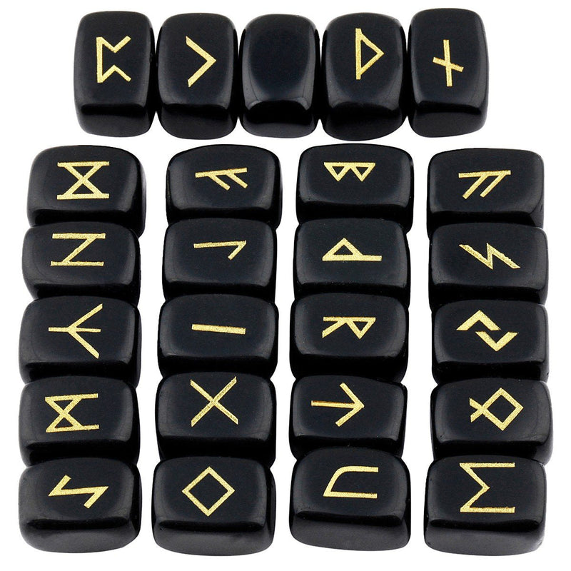 mookaitedecor Black Obsidian Runes Stones Set (25 Pieces), Tumbled Gemstone with Carved Rune Words for Fortune Telling, Crystal Healing Reiki #01-black Obsidian - NewNest Australia