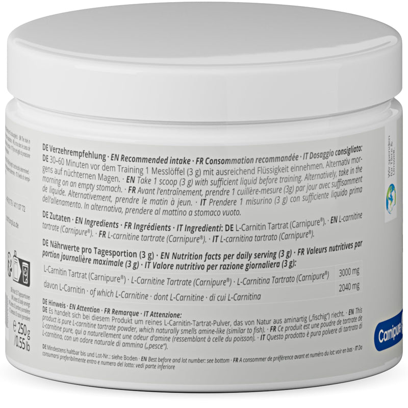 L-Carnitin Carnipure Powder - 100% Pure L-Carnitine Tartrate Ultrapure Powder 250 G By Lonza - 3000 Mg Carnitine Powder Per Serving Without Additives - Nutri-Plus Vegan - NewNest Australia