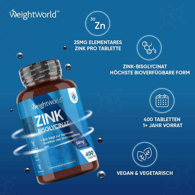 Zinc Bisglycinate 25 Mg Tablets - 400 Vegan Zinc Tablets For 1+ Year Supply - Pure Zinc With High Bioavailability - Zinc Supplement For Men And Women - Dietary Supplement - Weightworld - NewNest Australia
