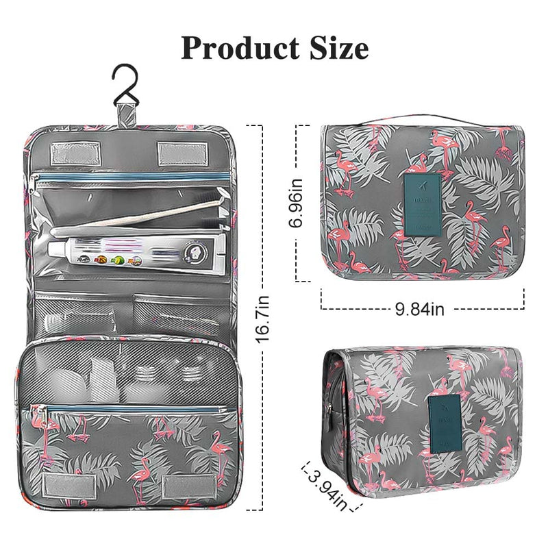 Hanging Toiletry Bag - Travel Portable Wash Bag Makeup Cosmetic Organizer for Women & Girls Waterproof Bathroom Shower Bag for Business Trip, Gym, Vacation & Household (Gray Flamingo) Grey - NewNest Australia