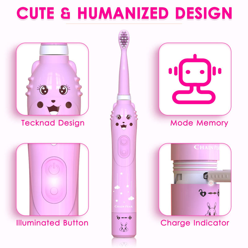Kids Sonic Electric Toothbrush, Rechargeable Smart Toothbrush for Children, Sonic Toothbrush for Boys Girls Age 3-12 with 30s Reminder, 2 Mins Timer, 6 Modes, 4 Brush Heads, Wall-Mounted Stand… 8650 Pink+4 Heads+ Stand - NewNest Australia