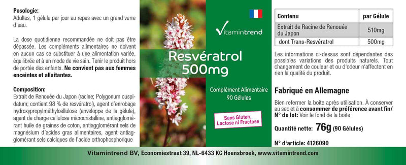 Resveratrol 500mg - 90 capsules made from knotweed extract, high dosage, vegan | Vitamin trend - NewNest Australia