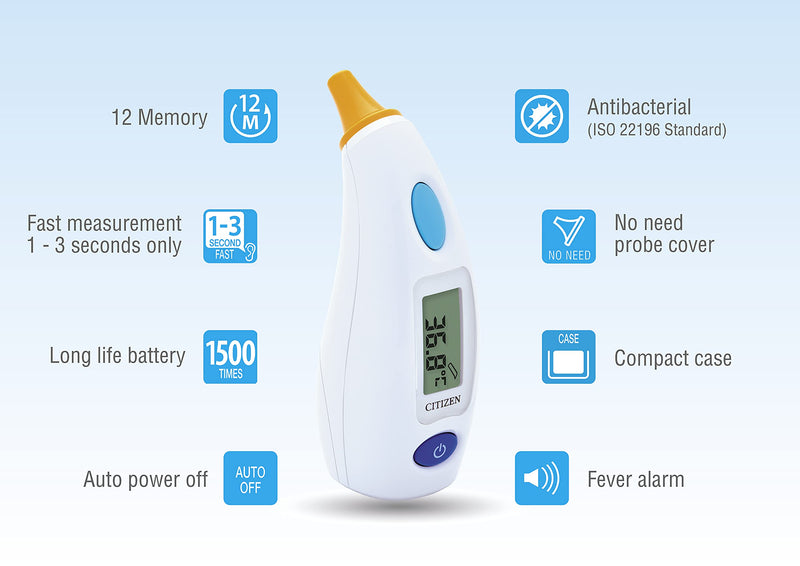 Citizen Ctd504 Antibacterial Ear Thermometer For Adults And Children, Very Fast Measurement - Only 1-3 Seconds, 12 Sets Of Memory, Accurate And Fast Readings For Adults And Children - NewNest Australia