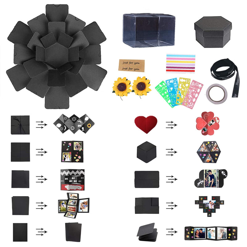 RECUTMS Explosion Box DIY Scrapbooking Set Handmade Photo Album,Gift Box with 6 Faces for Christmas Gift Wedding Memory Book (6 Sides) Black - NewNest Australia