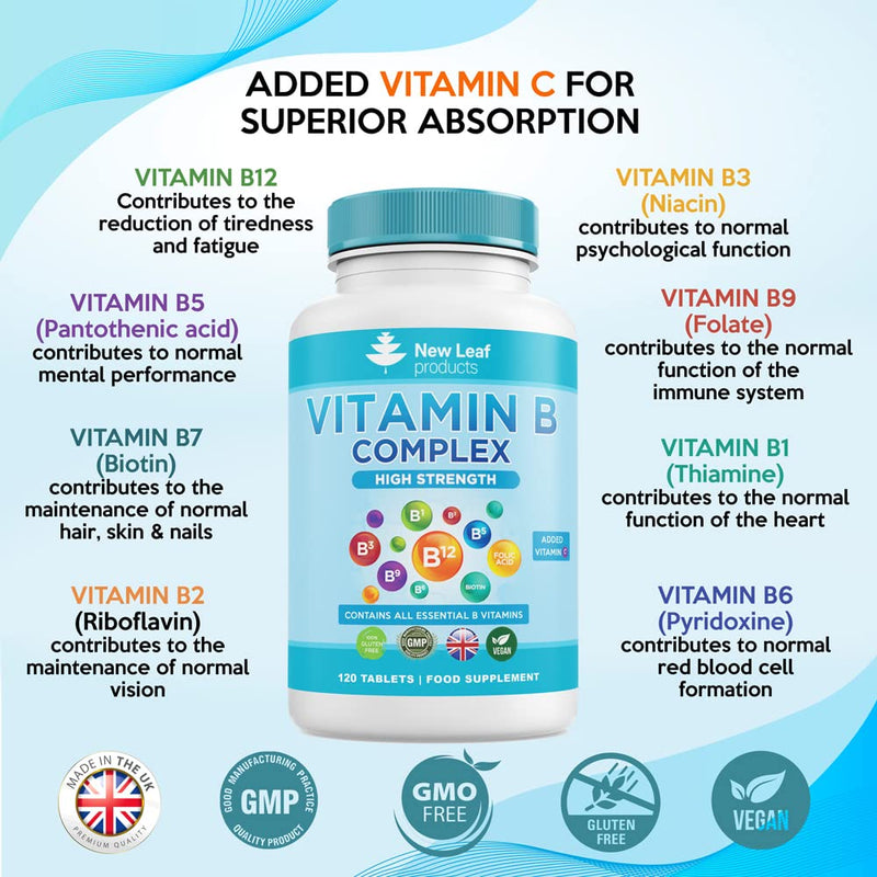 Vitamin B Complex 365 High Strength Small Tablets (One Year Supply) All 8 B Vitamins B1-B2-B3-B5-B6-B12, Biotin, Folic Acid and Vitamin C - Reduction of Tiredness - Made in The UK by New Leaf - NewNest Australia