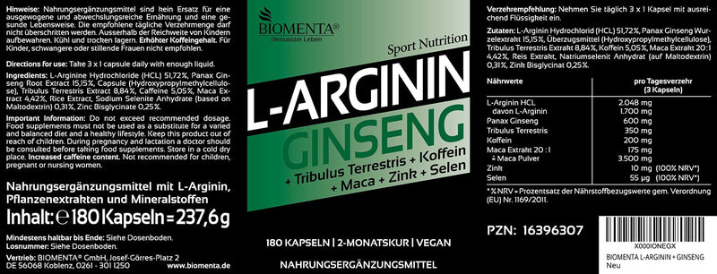 BIOMENTA Arginine + Ginseng - Vegan - with L-Arginine, Ginseng, Maca, Tribulus Terrestris, Caffeine, Zinc, Selenium - 180 L-Arginine Ginseng Capsules High Dose - 2 Month Treatment - NewNest Australia