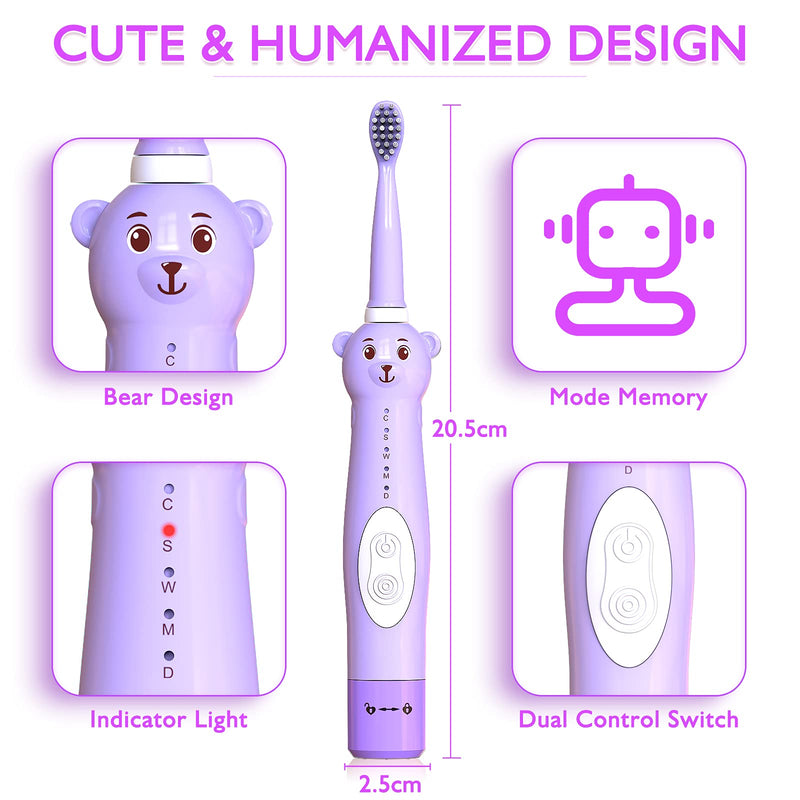 CHAIN PEAK Kids Sonic Electric Toothbrush, Cute Bear Rechargeable Toothbrush for Children, Boys Girls Age 3-12 with 30s Reminder, 2 Min Timer, 5 Modes, 8 Brush Heads, Bear Toothbrush Purple+8 Heads - NewNest Australia