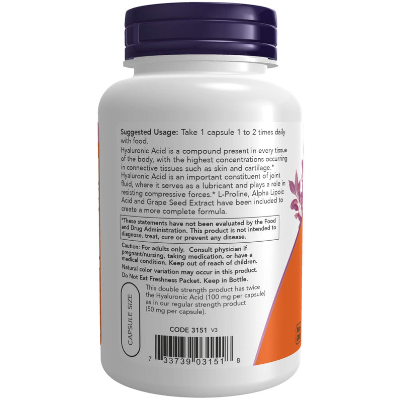 Now Foods Supplements, Hyaluronic Acid, Double Strength 100 mg, with L-Proline, Alpha Lipoic Acid and Grape Seed Extract, 120 Veg Capsules, Brown - NewNest Australia