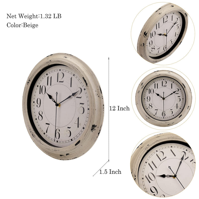 Wall Clock 12 Inch Retro Silent Non-Ticking Quartz Wall Clocks Battery Operated Decorative for Kitchen Home (Beige) Beige - NewNest Australia