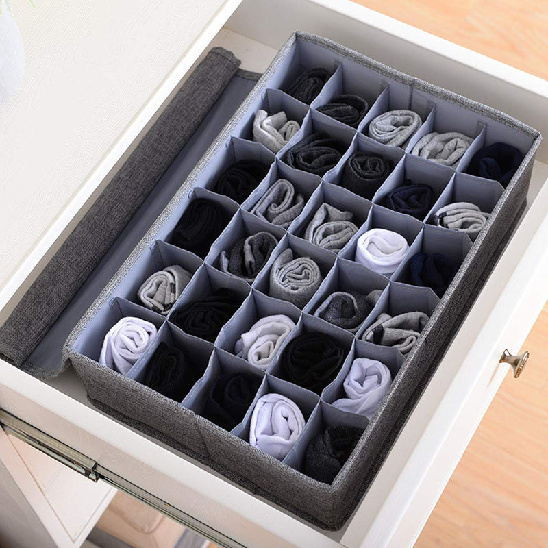 NewNest Australia - Underwear Socks Storage Organizer with Lids Foldable Closet Drawer Divider 30 Cells, Linen Cotton Storage Box Bin for Socks Underwear Ties Scarves and Lingerie in Wardrobe by AARainbow (Gray) Gray 