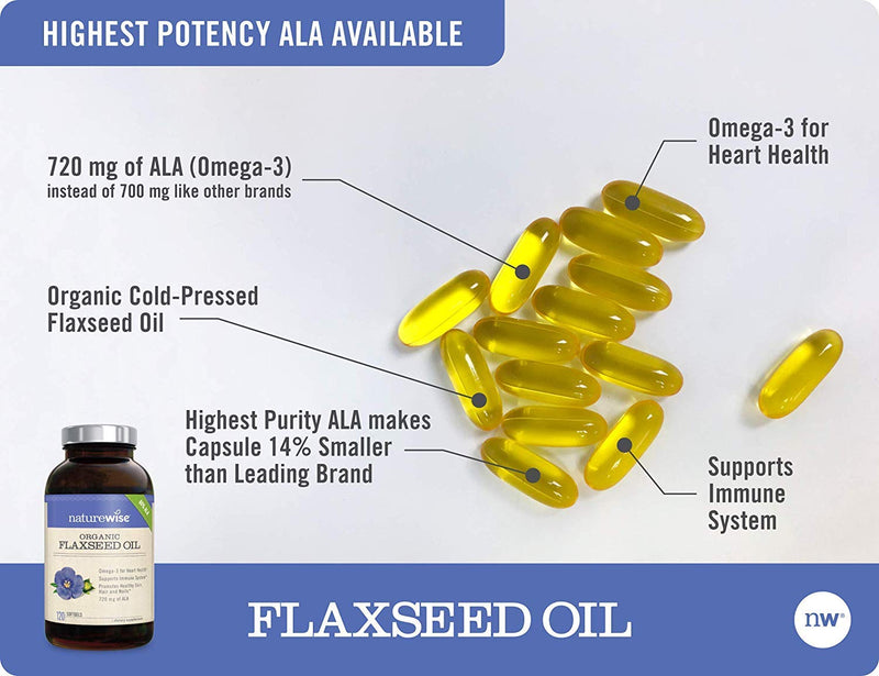 NatureWise Organic Flaxseed Oil Max 720mg ALA | Highest Potency Flax Oil Omega 3 for Cardiovascular, Brain, Immune Support & Healthy Hair, Skin, & Nails | Gluten Free Non-GMO [2 Month - 120 Softgels] 120 Count (Pack of 1) - NewNest Australia