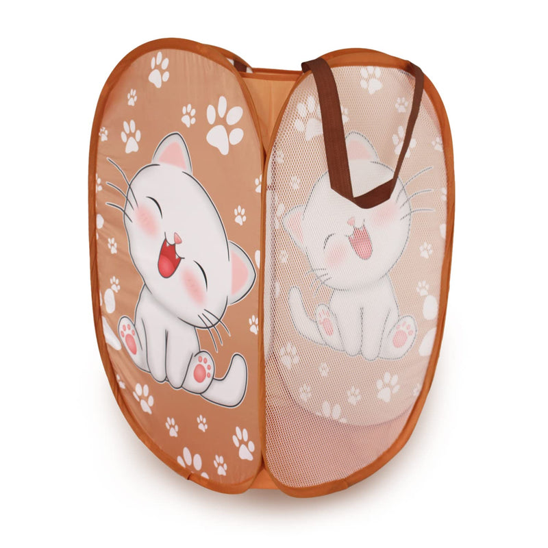WEI LONG Cute Foldable Pop Up Hamper - Mesh Laundry Basket Durable Handles Toys Tidy Clothes Socks Storage Bag (Khaki Cat Paw) 01 Khaki Cat Paw - NewNest Australia