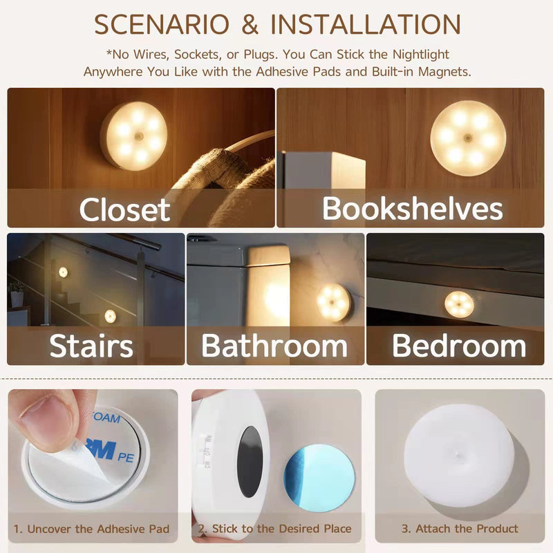 3Pack Wisekoti Upgrated Motion Sensor Night Light, Switchable Rechargeable Cordless LED Night Lights, Secured to The Wall by Magnets. It Can Be Used in Closets, Stairs, Bathrooms, Bedrooms Etc. - NewNest Australia