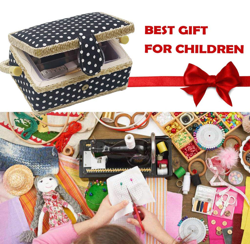 Sewing Basket Kit Sewing Box with Mini Sewing Accessories for Kids, Small (Black Polka Dot) Black Polka Dot - NewNest Australia