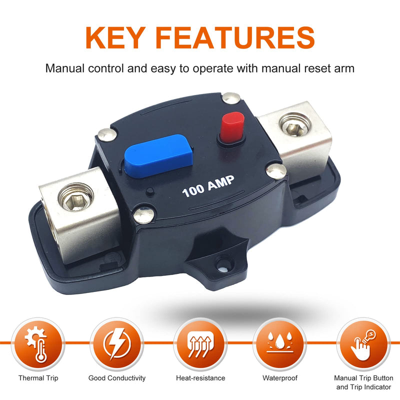 Erayco 100 Amp Circuit Breaker with Manual Reset, 12-48 Volt DC, 0-8 Gauge Trolling Motor Car Stereo Audio Inline Fuse Block Holders Inverter for Automotive Rv Marine Boat (100A) 100Amp - NewNest Australia