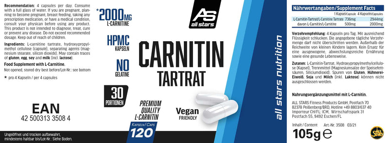 All Stars Carnitine Tartrate, High Dose - 2000 Mg Premium Quality L-Carnitine Per Serving, Supports Fat Burning & Definition Phase, 120 Hpmc Capsules, Vegan, No Gelatin, Pack Of 1 (1 X 105 G) - NewNest Australia