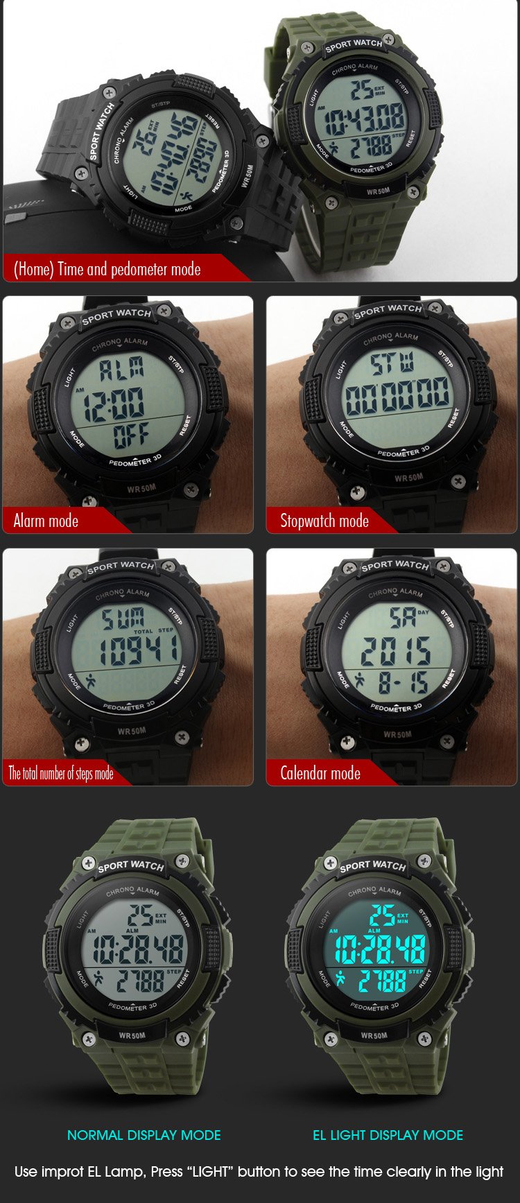 Fanmis Unisex Pedometer Watches Military Multifunctional 50M Waterproof Digital Outdoor Sports Watch Black - NewNest Australia