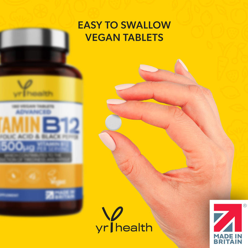 Vegan Vitamin B12 Tablets 1500mcg Methylcobalamin High Strength with Added Folic Acid & Black Pepper - 180 Tablets (6 Month Supply) - Reduction of Tiredness & Fatigue - Made in The UK by YrHealth - NewNest Australia