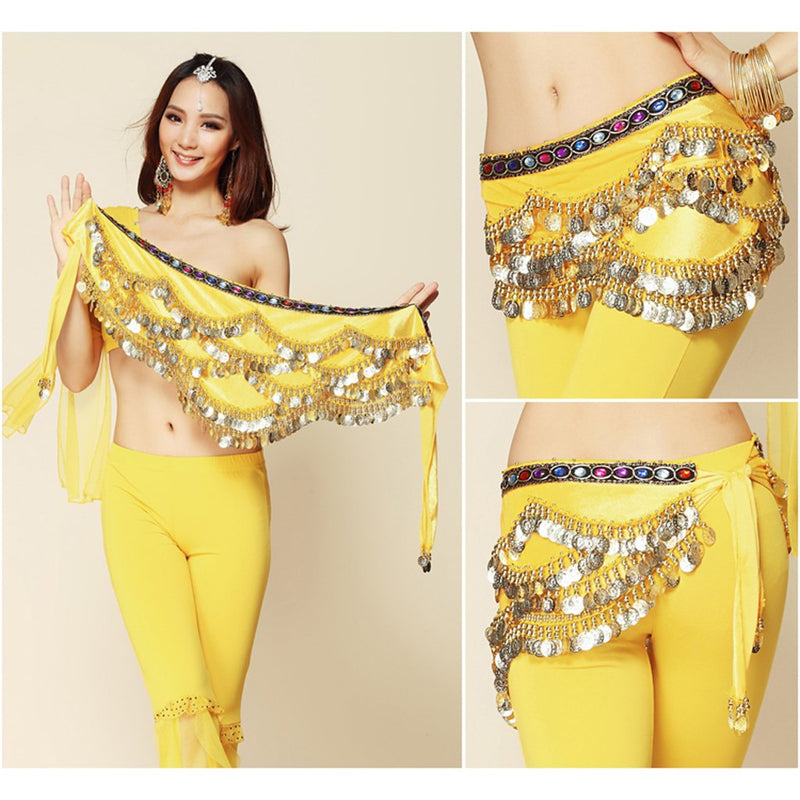 Pilot-Trade Women's Triangular Belly Dancing Hip Scarf Wrap Skirt with Gold Coins One Size Yellow - NewNest Australia