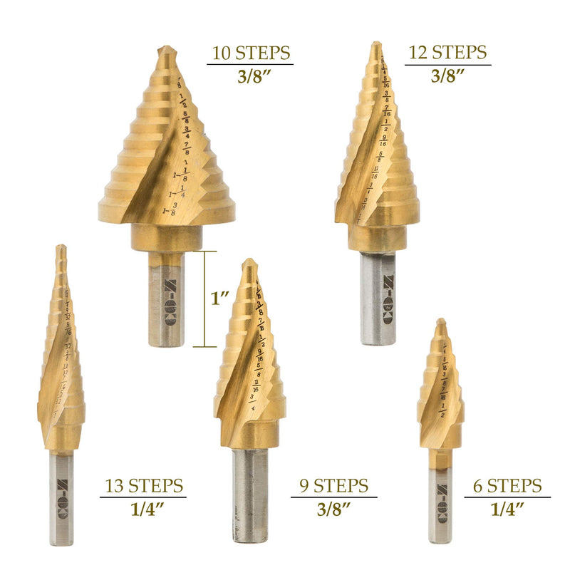 CO-Z HSS 5PCS Titanium Spiral Grooved Step Drill Bit Set with Automatic Center Punch, Unibit Drill Bits Set for Sheet Metal with Aluminum Case, Multiple Hole Stepped up Bits for DIY Lovers - NewNest Australia