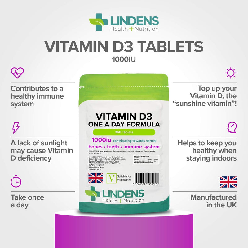 Lindens Vitamin D3 1000IU - 360 Tablets - Immune System, Bones, Teeth, UK Manufacturer Immune Support | (12 Months Supply) | Suitable for Vegetarians | Letterbox Friendly 360 Count (Pack of 1) - NewNest Australia