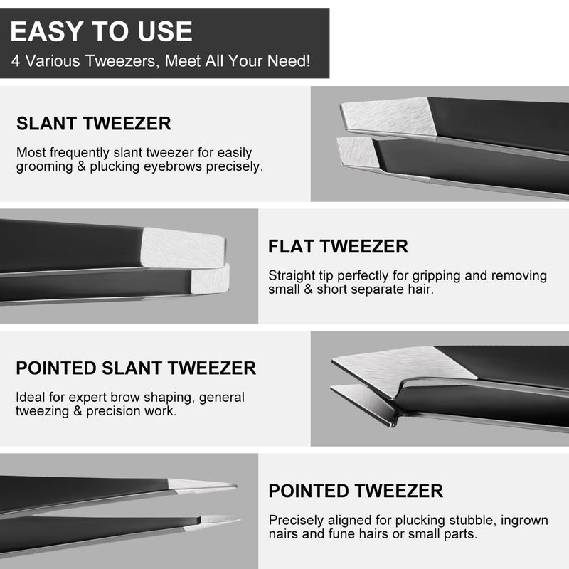 Upmore 4 x Tweezers Set Stainless Steel - Black Eyebrow Tweezers Set Scissors Tweezers Straight Slanted Pointed Tweezers for Men and Women - NewNest Australia