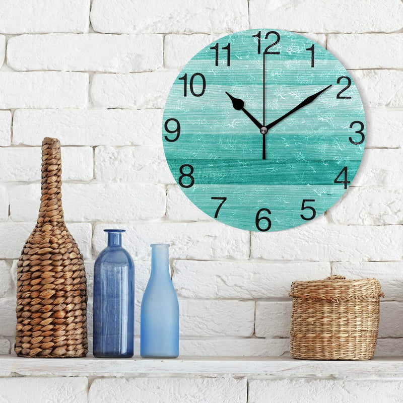 NewNest Australia - senya Teal Turquoise Green Wood Round Wall Clock, Silent Non Ticking Oil Painting Decorative for Home Office School Clock Art 