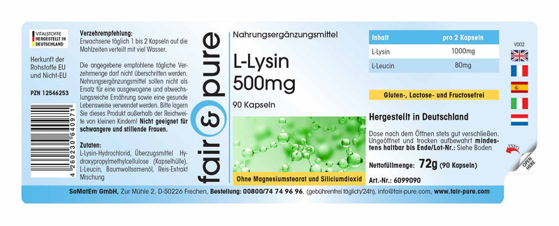Fair & Pure® - L-Lysine capsules 500mg - vegan - without magnesium stearate - essential amino acid - 90 capsules - NewNest Australia