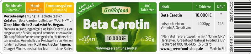 Greenfood - Beta Carotene Capsules - 10000 iU - High Dose - 180 Vegan Capsules - Precursor of Vitamin A - Good for Vision, Mucous Membranes and Bones 180 Pieces (Pack of 1) - NewNest Australia