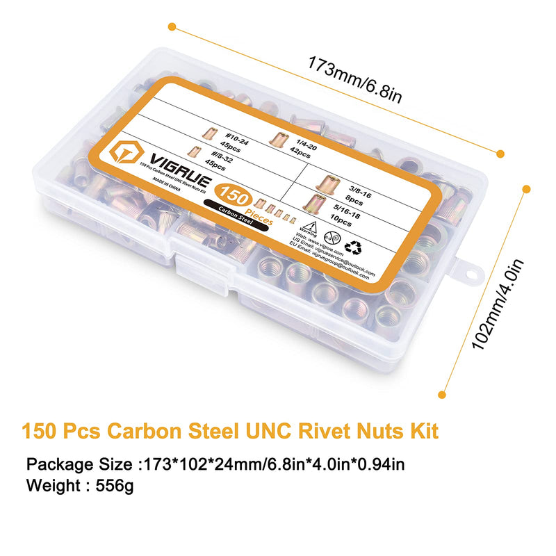 VIGRUE 150pcs #8-32#10-24 1/4"-20 5/16"-18 3/8"-16 Carbon Steel UNC Rivet Nuts Assortment Kit, Yellow Zinc Plated Finish, Flat Head Threaded Insert Nut Assort - NewNest Australia