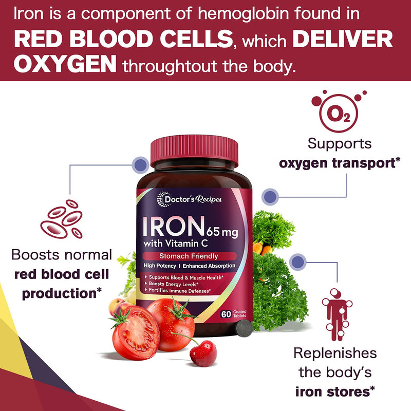 Doctor’s Recipes Iron 65 mg Carbonyl Iron with Vitamin C, Maximized Absorption Easy on The Stomach, Red Cells Formation, Blood, Heart, Brain, Muscle & Immunity Health, Vegan Non-GMO 60 Tablets - NewNest Australia