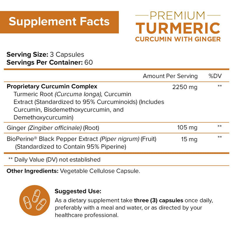 Turmeric Curcumin with Ginger & BioPerine Black Pepper Supplement :: Anti-Inflammatory, Antioxidant, Anti Aging :: 100% Natural, Non-GMO, Vegan Best Maximum Potency, No Side Effects (180 Capsules) - NewNest Australia