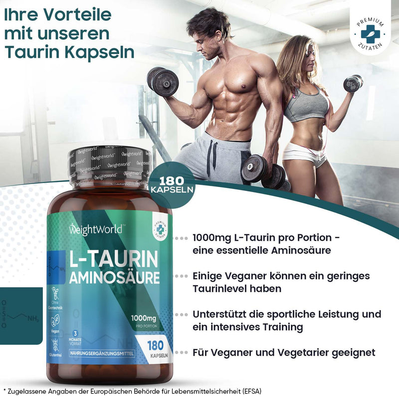 Weightworld Taurine Capsules - 1000 Mg Pure Amino Acid L Taurine - 180 Capsules For 3 Months - Vegan & Tested Ingredients - Micronutrients For Sports, Fitness & Pre Workout - Amino Acid L-Taurine - NewNest Australia