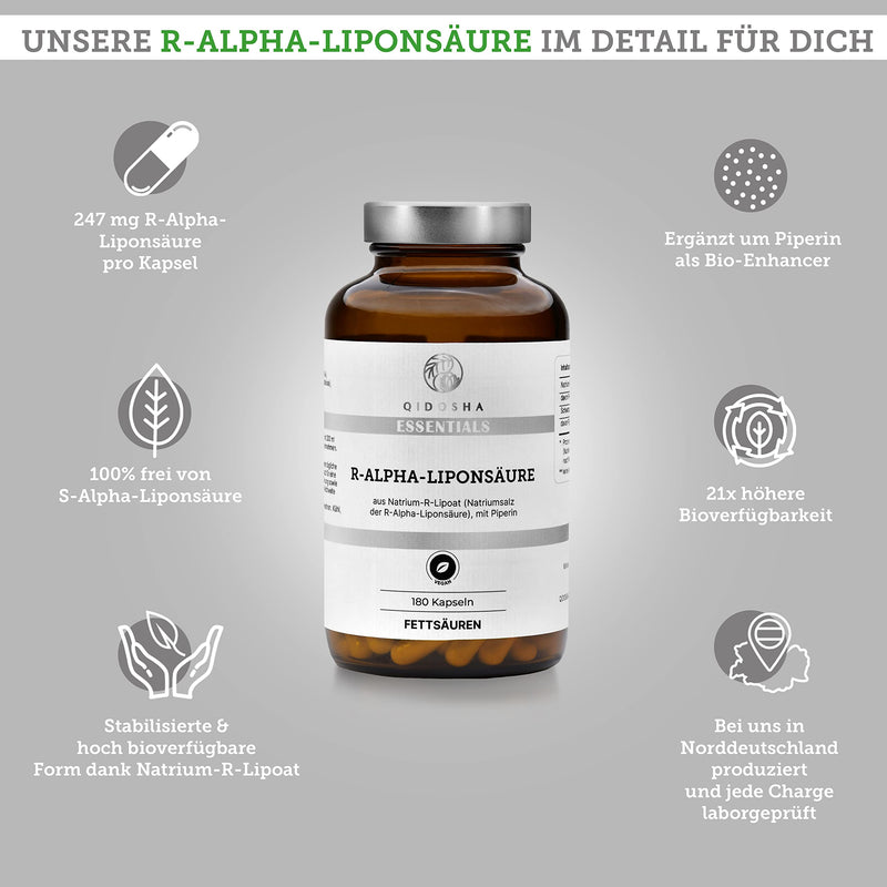 Qidosha R-Alpha Lipoic Acid, Test Winner 07/23*, R-Alpha Lipoic Acid Capsules High Dose From Na-R Lipoate & Piperine As Bioenhancer, 180 Pieces/Glass, Increased Bioavailability Thanks To Sodium R - NewNest Australia