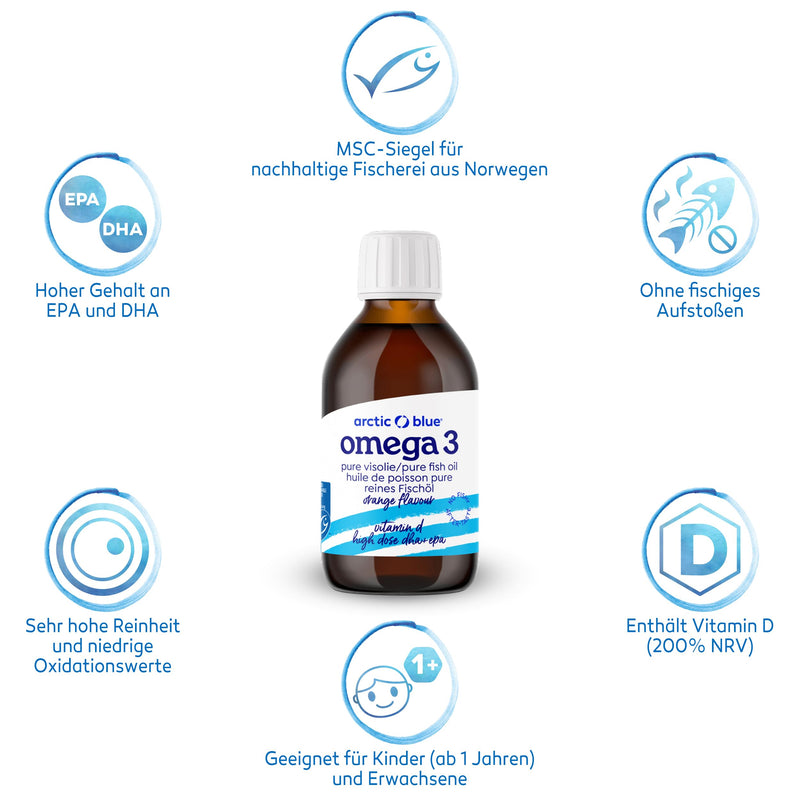 Arctic Blue Omega 3 fish oil - 150 ml liquid - high dose with DHA, EPA and vitamin D - without burping or fishy smell - arctic fish oil - MSC certified - orange flavor - NewNest Australia