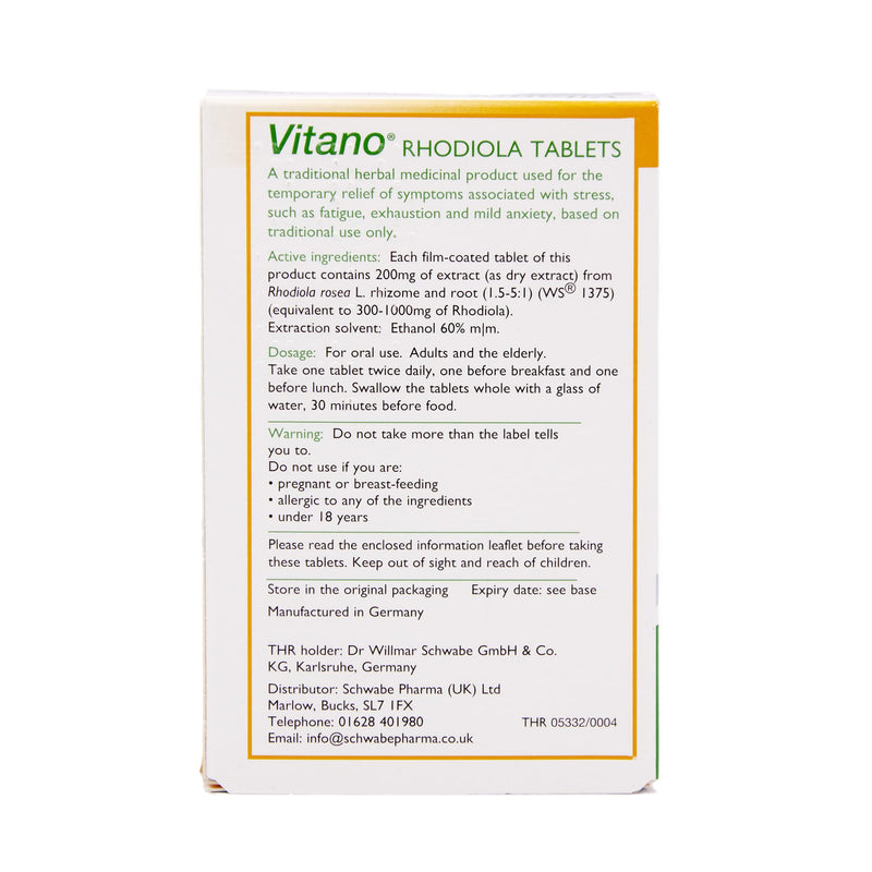 Schwabe Pharma - Vitano - Rhodiola Rosea Root Extract 200mg - Traditionally Used for Relief of Stress, Fatigue, Exhaustion, Mild Anxiety - Vegan Friendly - 30 Tablets - NewNest Australia