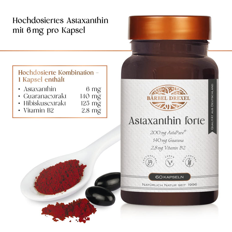 Astaxanthin High Dose 6 mg Natural Premium Capsules (60 pieces) Haematococcus pluvialis, algae powder, antioxidants, vitamin B2, high bioavailability, Astaxanthin Forte Premium by Bärbel Drexel - NewNest Australia
