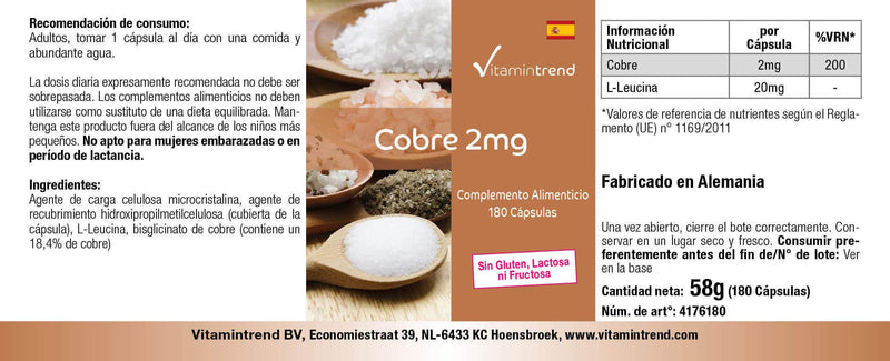 Copper capsules - 2mg - high dosage - vegan - 180 capsules - for hair pigmentation | Vitamintrend® - NewNest Australia