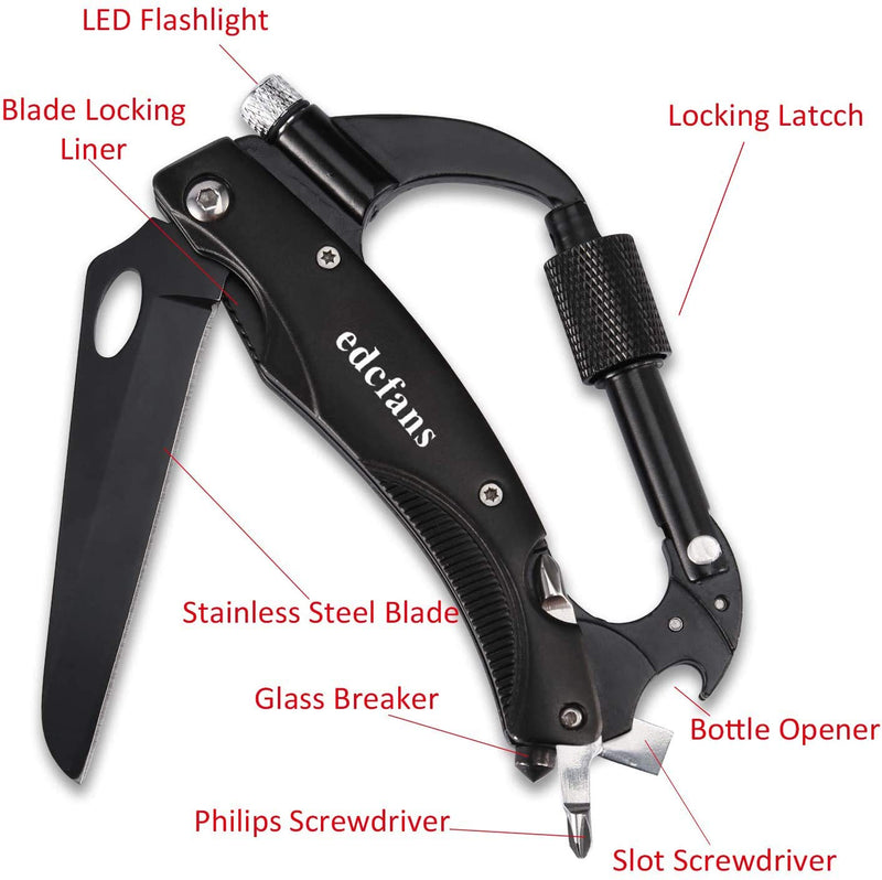 edcfans Multitool Carabiner with Folding Pocket Knife, LED Flashlight, Bottle Opener, Glass Breaker, Screwdriver, Keychain Clip | EDC Tactical Knives Survival Gear for Men Outdoor Camping (4.3"X 2.5") Black - NewNest Australia