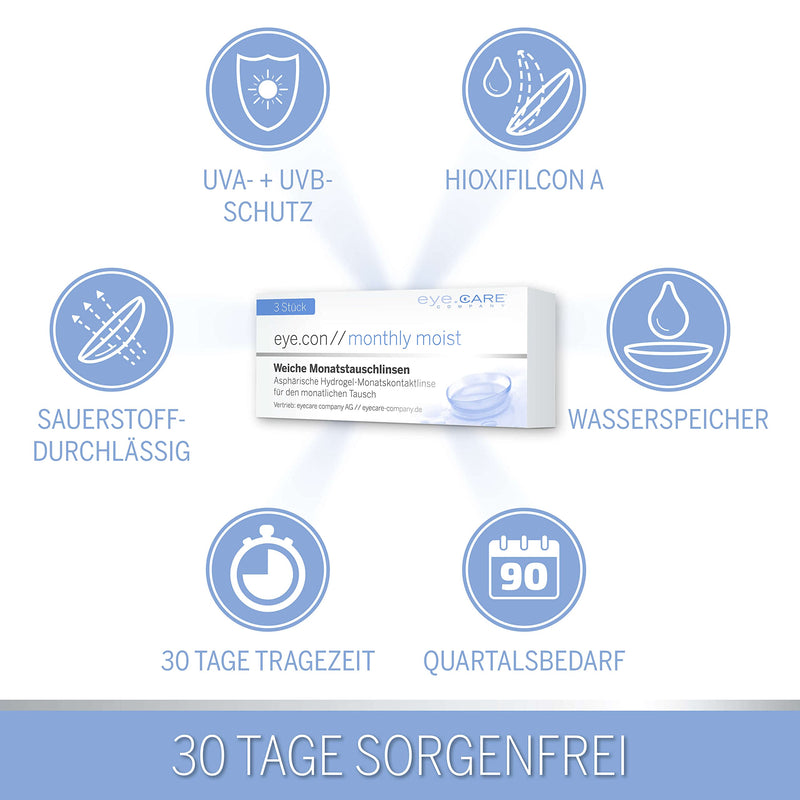 Eye.Con Monthly Moist Soft Monthly Lenses - With Uv Protection - 3 Hydrogel Contact Lenses With Strength For Sensitive Eyes. Contact Lenses With 57% Water Content Bc 8.6Mm, Dia 14.2Mm, -6.00D 1 Piece (Pack Of 3) - NewNest Australia