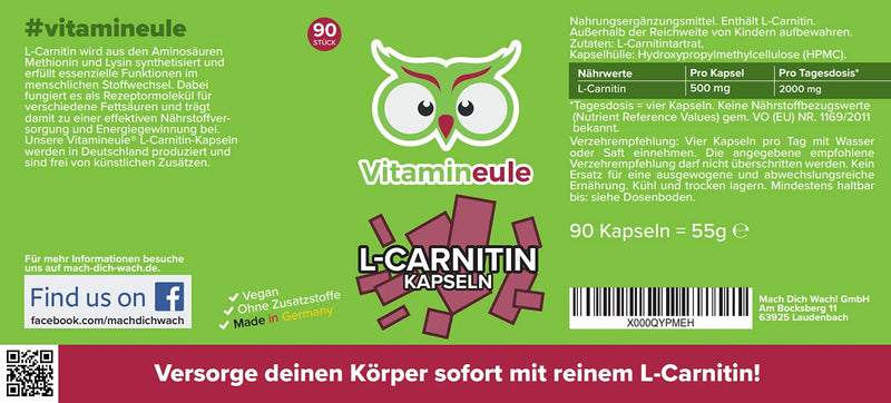 L-Carnitine Capsules - 500 Mg - Quality From Germany - High Dose - Vegan - Laboratory Tested - No Additives - L-Carnitine Tartrate - For Training & Fat Metabolism - Vitamineule - NewNest Australia
