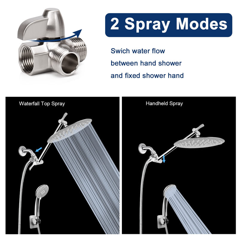 NearMoon Solid Brass G1/2" Shower Arm 2-Way Diverter Valve for Hand Shower and Fixed Spray Head T-Adapter (Brushed Nickel) Brushed Nickel - NewNest Australia
