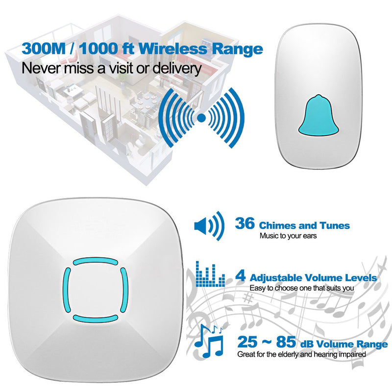 Doorbell, Lovin Product Waterproof Wireless Doorbell Chime Kit with 36 Chimes, Adjustable Volume; 1000feet Operating, with Sound LED Flash Door Bell for Home (1 Receiver x 1 Push Button) - NewNest Australia