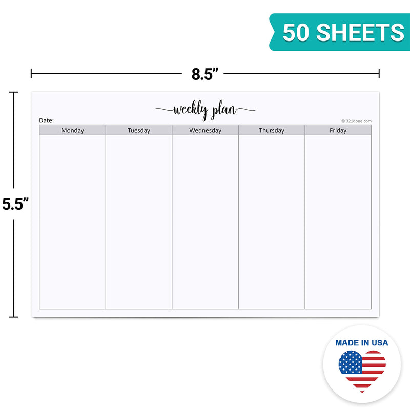 321Done Weekday Planning Notepad (8.5" x 5.5") Small 50 Sheets for Work Week – Monday through Friday M-F Planner Weekly Days of Week Paper Memo Note Pad, Planner Organizing - Made in USA - Simple Half Size (5.5" x 8.5") 5 Days M-F - NewNest Australia