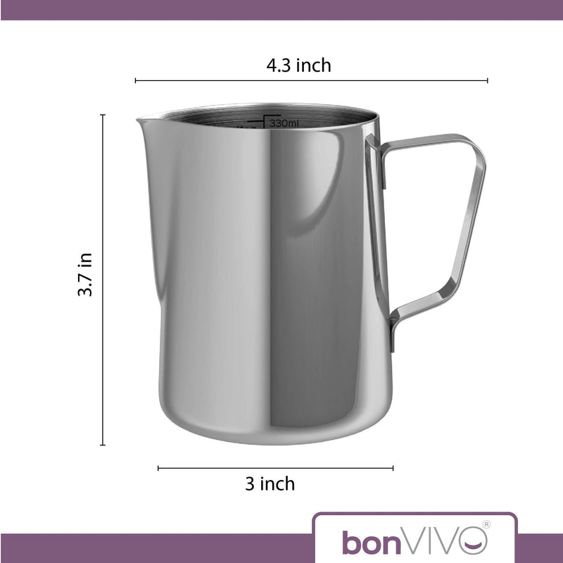 bonVIVO Muvo Stainless Steel Milk Jug with Silver Finish, Milk Frothing Jug 330 ml, Barista Milk Jug with Practical Scale, Milk Frother Jug for The Perfect Cappuccino Or Latte - NewNest Australia