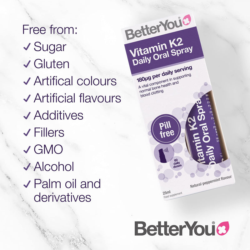 BetterYou Vitamin K2 Daily Oral Spray | Supports Normal Bone Health and Blood Clotting | 25ml (160 sprays) | Palm Oil Free | Natural Peppermint Flavour Single - NewNest Australia