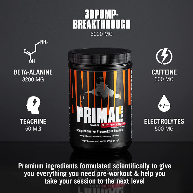 Universal Nutrition Animal Primal (Fruit Punch) Pre Workout Booster With Beta Alanine, Betaine, Taurine & Tyrosine & More For Maximum Pump, Energy & Supply Of Amino Acids During Training, 507 G - NewNest Australia