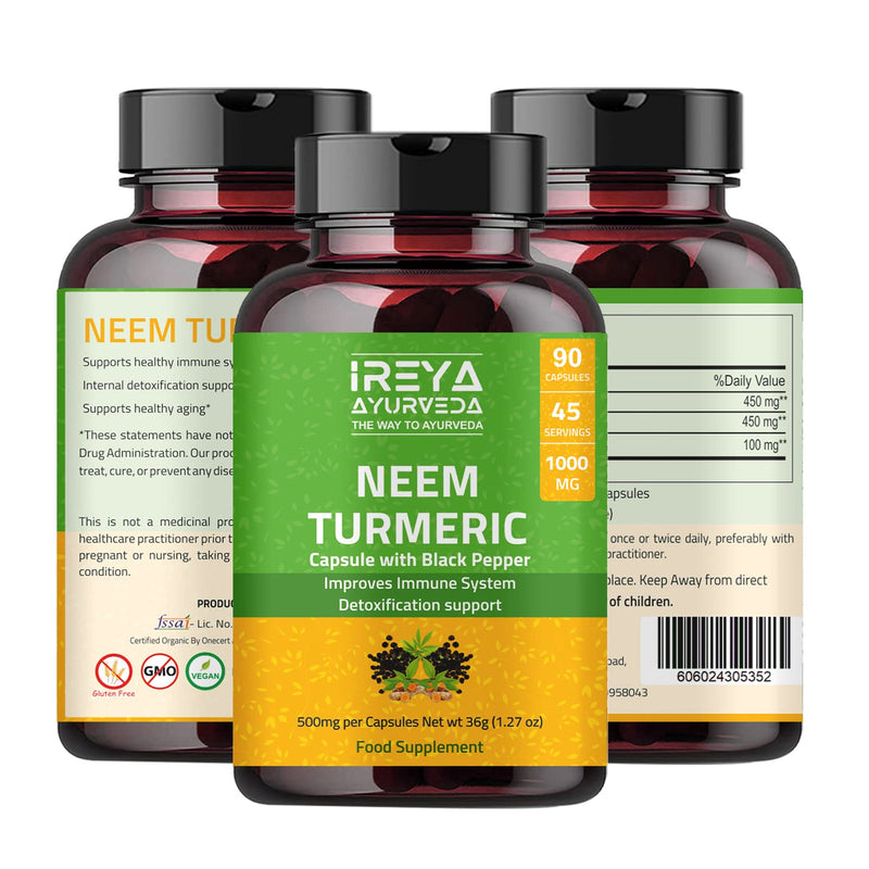 Neem Turmeric Capsules with Black Pepper Neem Herbal Supplement, Ayurvedic Herbal Cleanser, Detoxification, Enhances Skin Health and Immunity (90 Capsules) 90 Count (Pack of 1) - NewNest Australia