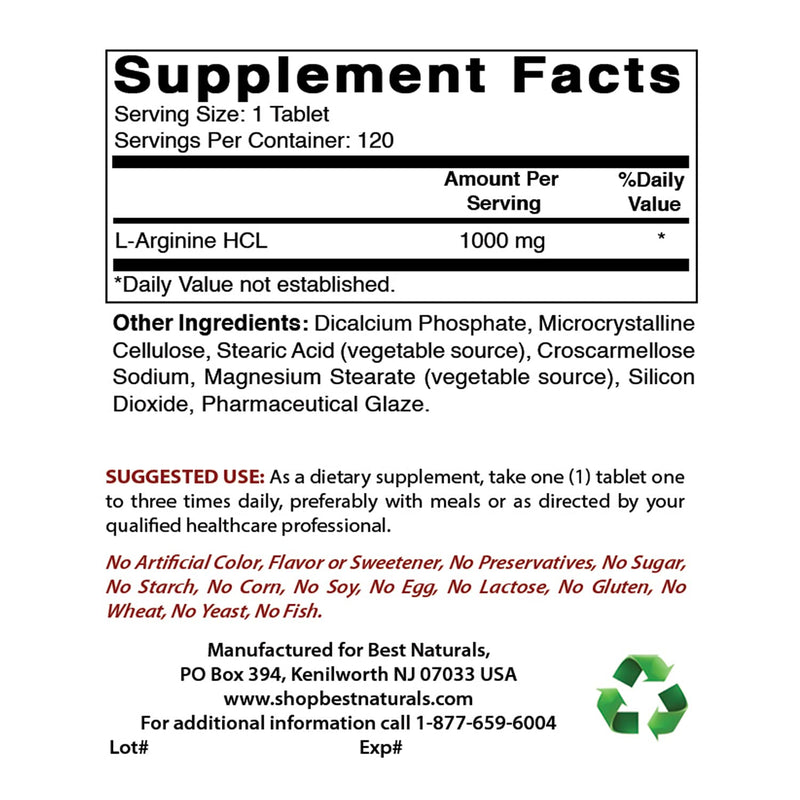 (New Improved Formula) Best Naturals L-Arginine 1000 mg 120 Tablets - Pharmaceutical Grade L Arginine Supplement Promotes Nitric Oxide Synthesis - NewNest Australia
